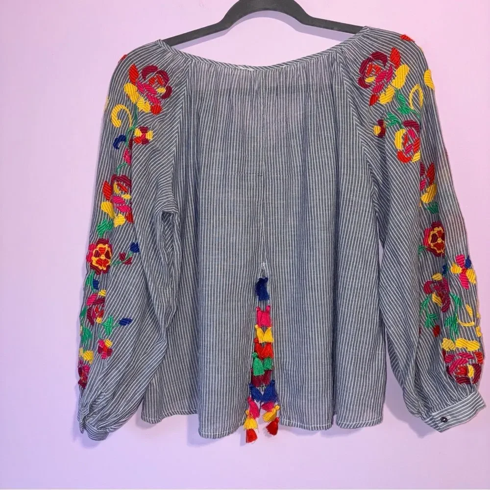 Anthropologie Floreat Blouse Soleil Embroidered Tassel Colorful Boho Women XS - Picture 7 of 9